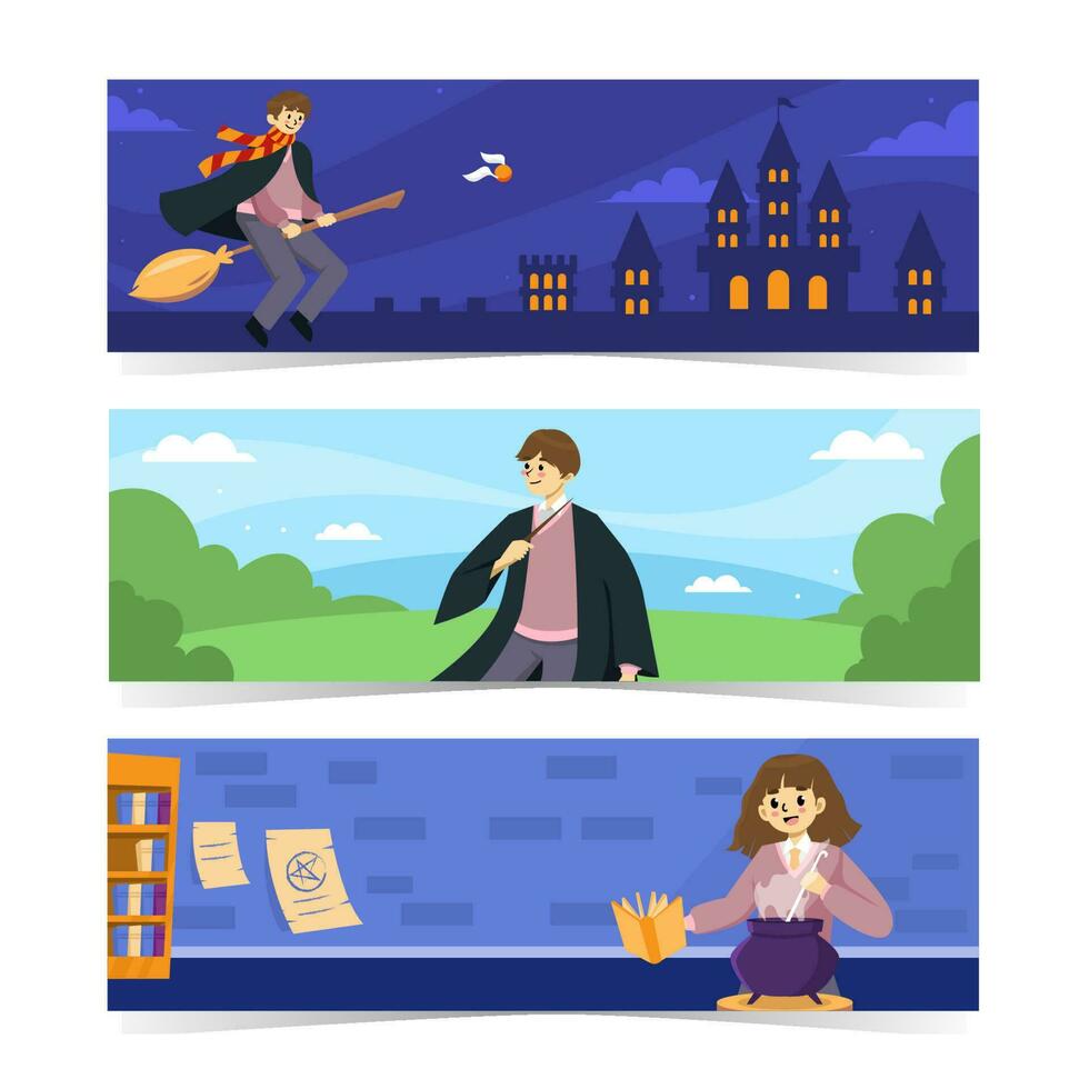Wizard Boy and Girl with Magic Power Banner Set vector