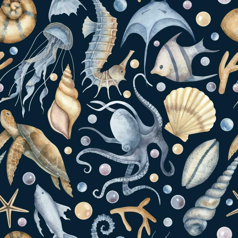 Undersea Seamless Pattern with underwater Fishes and on dark blue black background. Hand drawn illustration for textile design or wrapping paper in nautical style. Wallpaper with turtle and seahorse vector