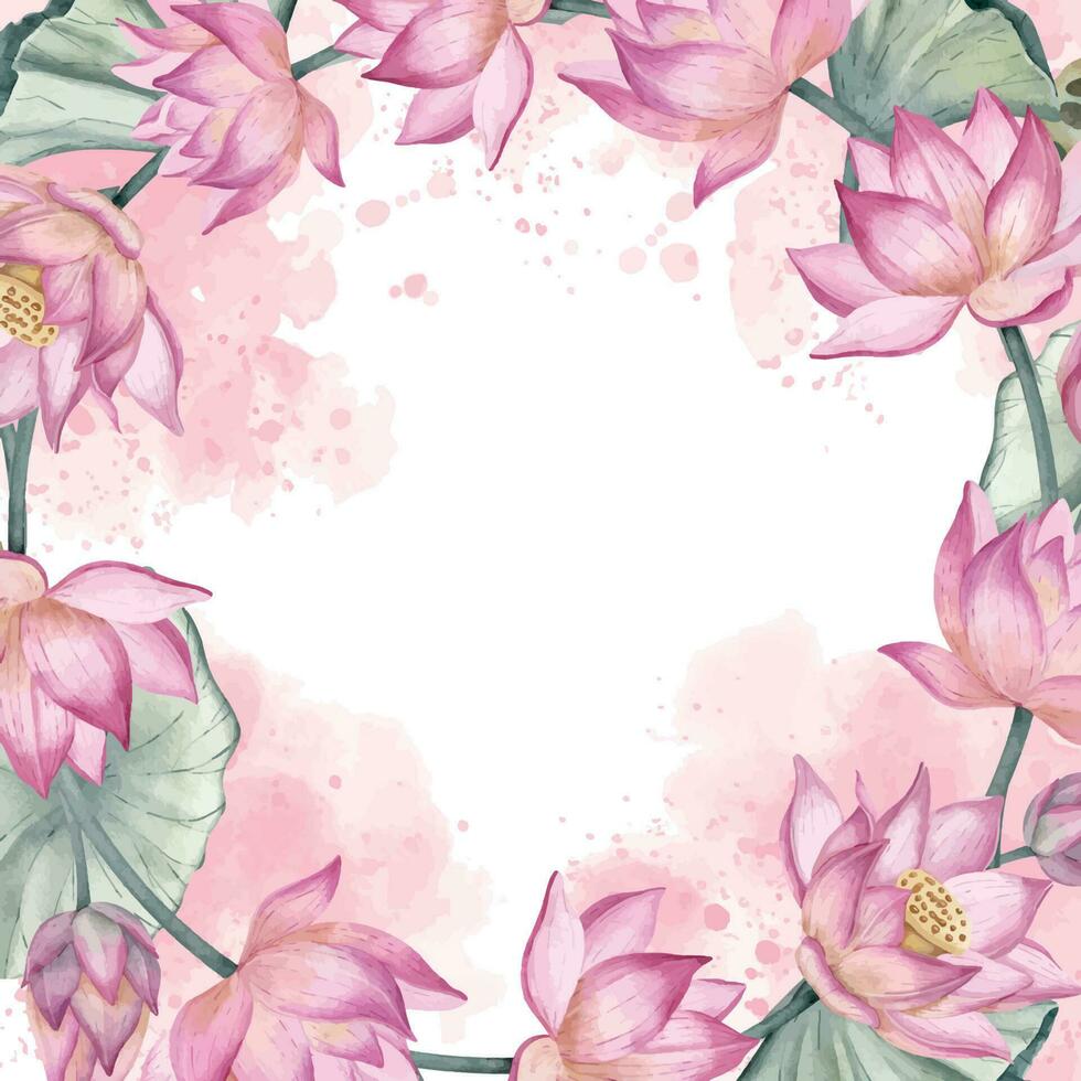 Lotus Flowers Wreath. Hand drawn watercolor illustration of circular Frame on isolated background. Round border with pink water Lily for wedding invitations or greeting cards. Waterlily backdrop. vector