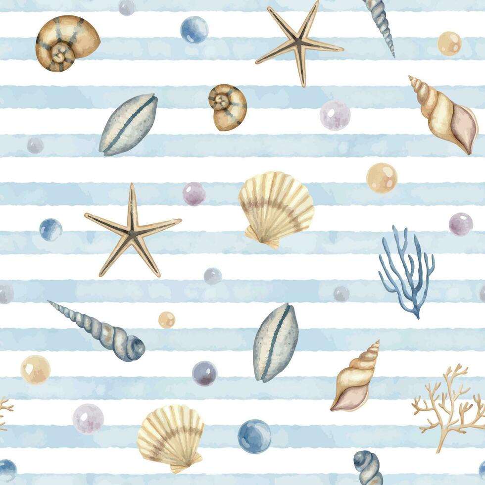 concha sin costura modelo. mano dibujado acuarela ilustración con mar conchas en aislado blanco antecedentes con azul rayas. submarino ornamento con concha de berberecho para textil náutico diseño o papel vector