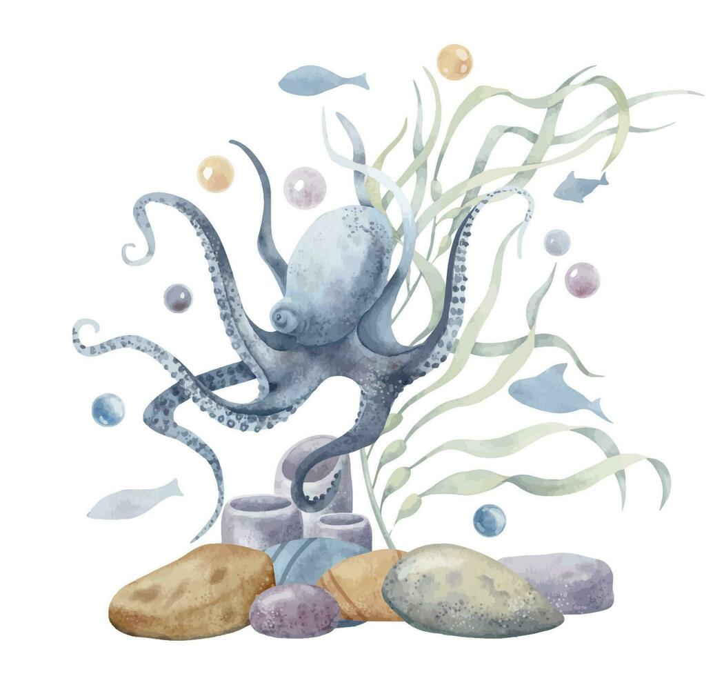 Octopus with Seabed and Seaweed. Hand drawn watercolor undersea illustration on isolated background. Colorful Underwater drawing of ocean floor and sea animal with little fishes for biology design vector