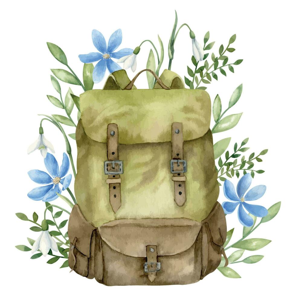 Vintage Backpack with blue Flowers and green plants. Hand drawn watercolor illustration of retro Back pack for travel and camping. Leather Bag for adventure. Drawing of Hiking equipment for tourist vector