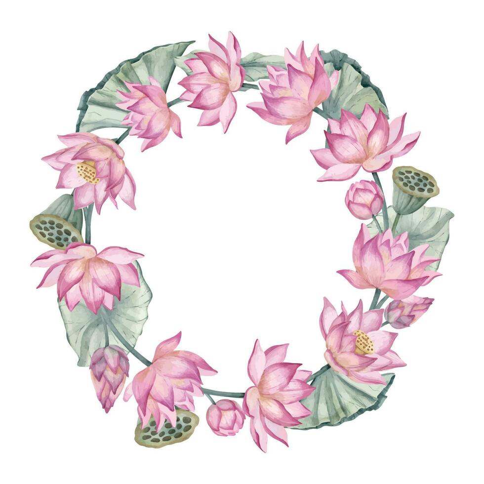Lotus Flowers Wreath. Hand drawn watercolor illustration of circular Frame on isolated background. Round border with pink water Lily for wedding invitations or greeting cards. Waterlily backdrop vector