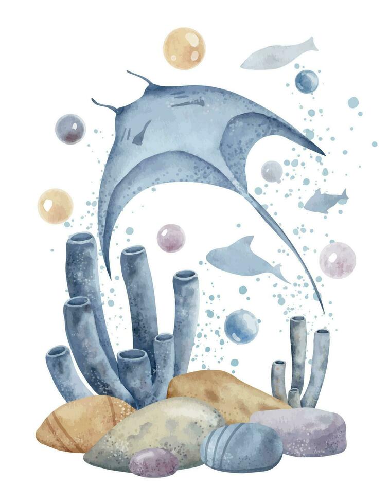Sting Ray with Coral Reefs and Seabed. Han drawn watercolor illustration of Stingray and ocean floor on isolated background. Drawing of Manta with fishes for undersea design. Underwater sketch vector