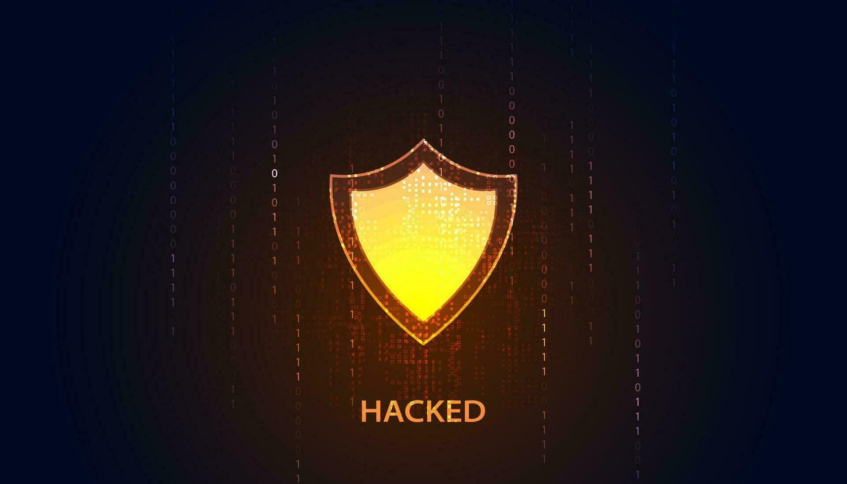 concept shield and hacked binary cyber security online theft protection vector