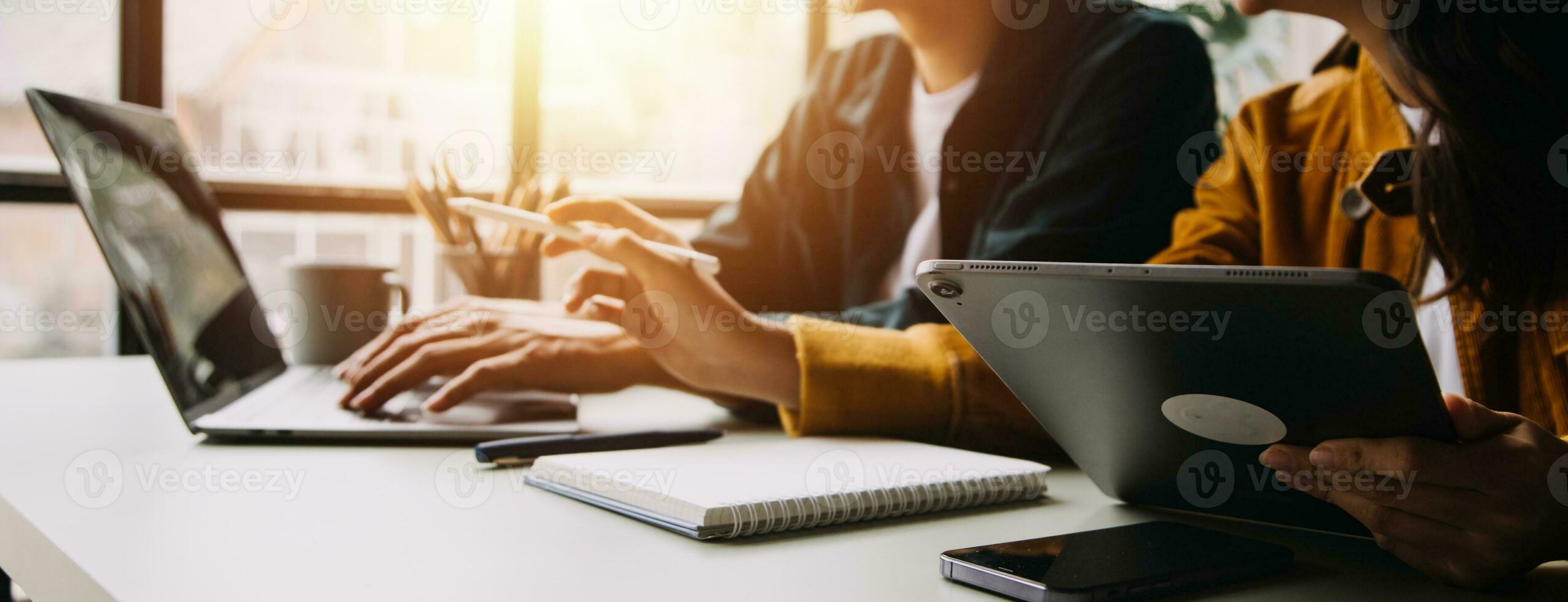 Financial Business team present. Business man hands hold documents with financial statistic stock photo, discussion, and analysis report data the charts and graphs. Finance Financial concept photo