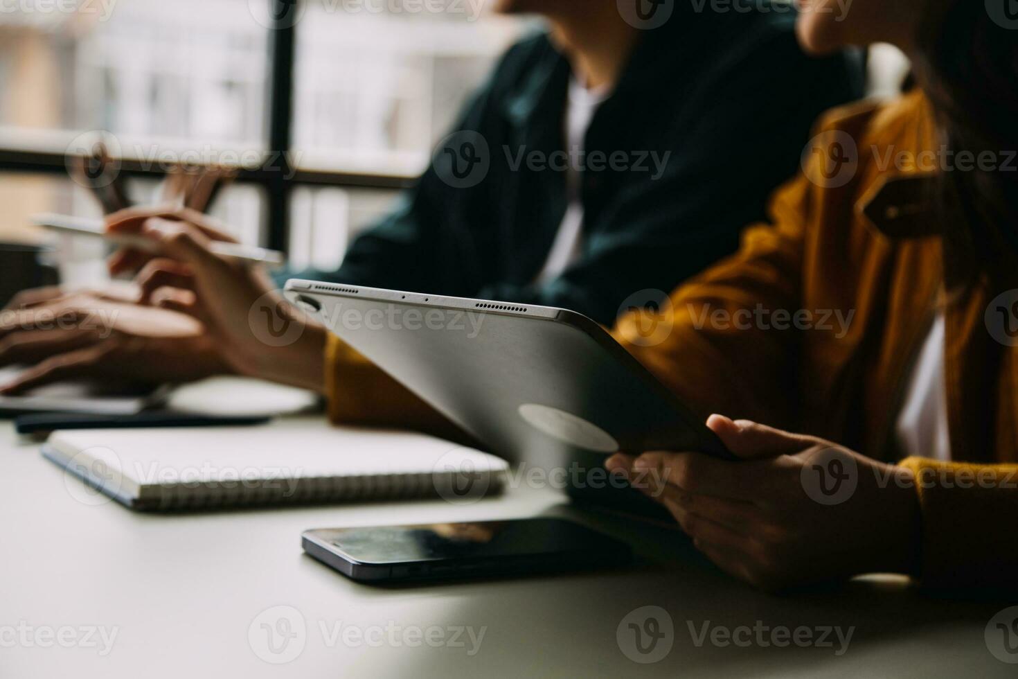 Financial Business team present. Business man hands hold documents with financial statistic stock photo, discussion, and analysis report data the charts and graphs. Finance Financial concept photo