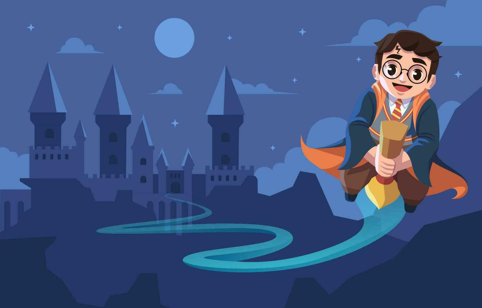 Wizard Boy Flying on Magic Broom vector