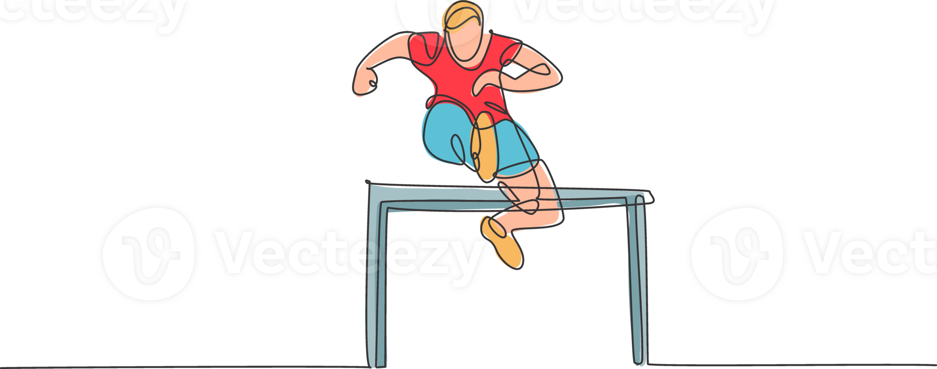 One continuous line drawing of young sporty man runner jumping obstacle at running track. Health activity sport concept. Dynamic single line draw design illustration for running event poster png