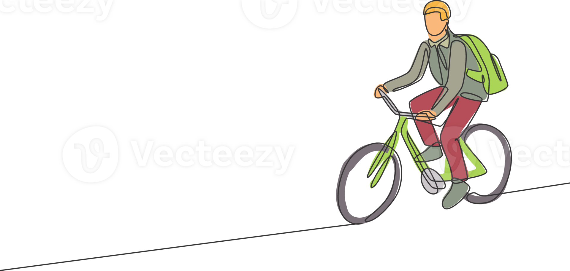 One continuous line drawing of young professional manager man cycling ride bicycle to his office. Healthy working urban lifestyle concept. Dynamic single line draw design graphic illustration png