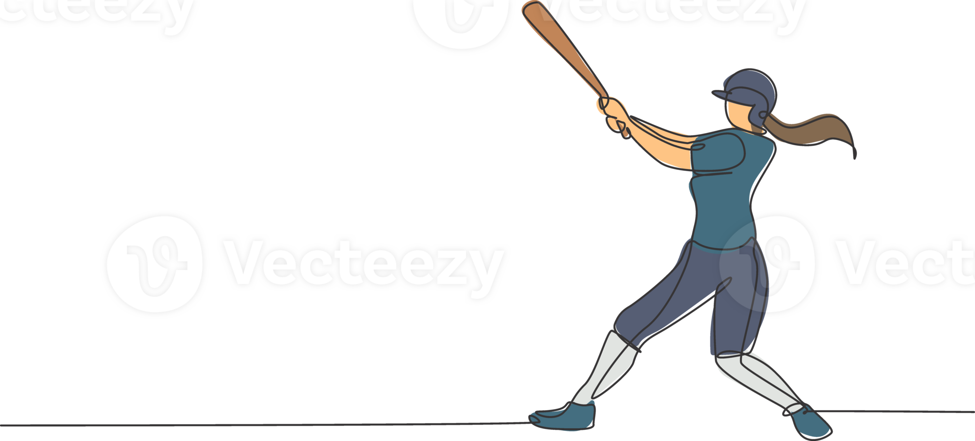 One single line drawing of young energetic woman baseball player practice to hit the ball illustration. Sport training concept. Modern continuous line draw design for baseball tournament banner png