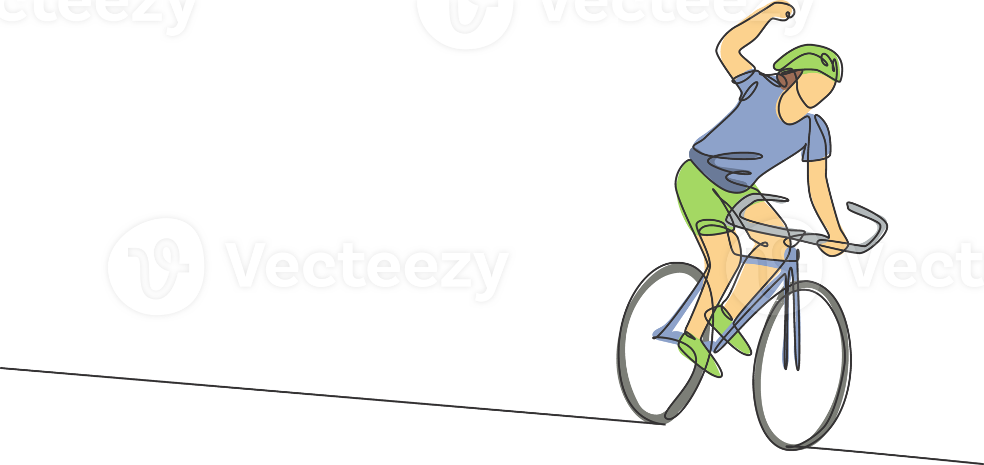 enda kontinuerlig linje teckning av ung vig man cyklist Lycklig till nå Avsluta linje. sport livsstil begrepp. trendig ett linje dra design grafisk illustration för cykling lopp befordran media png