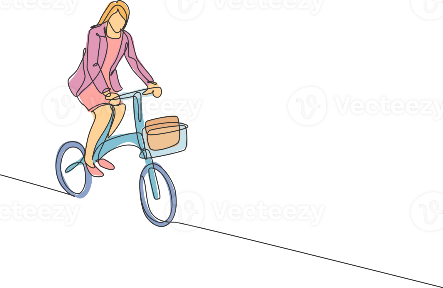 One continuous line drawing of young professional manager woman cycling ride folded bicycle to her office. Healthy working urban lifestyle concept. Dynamic single line draw design illustration png