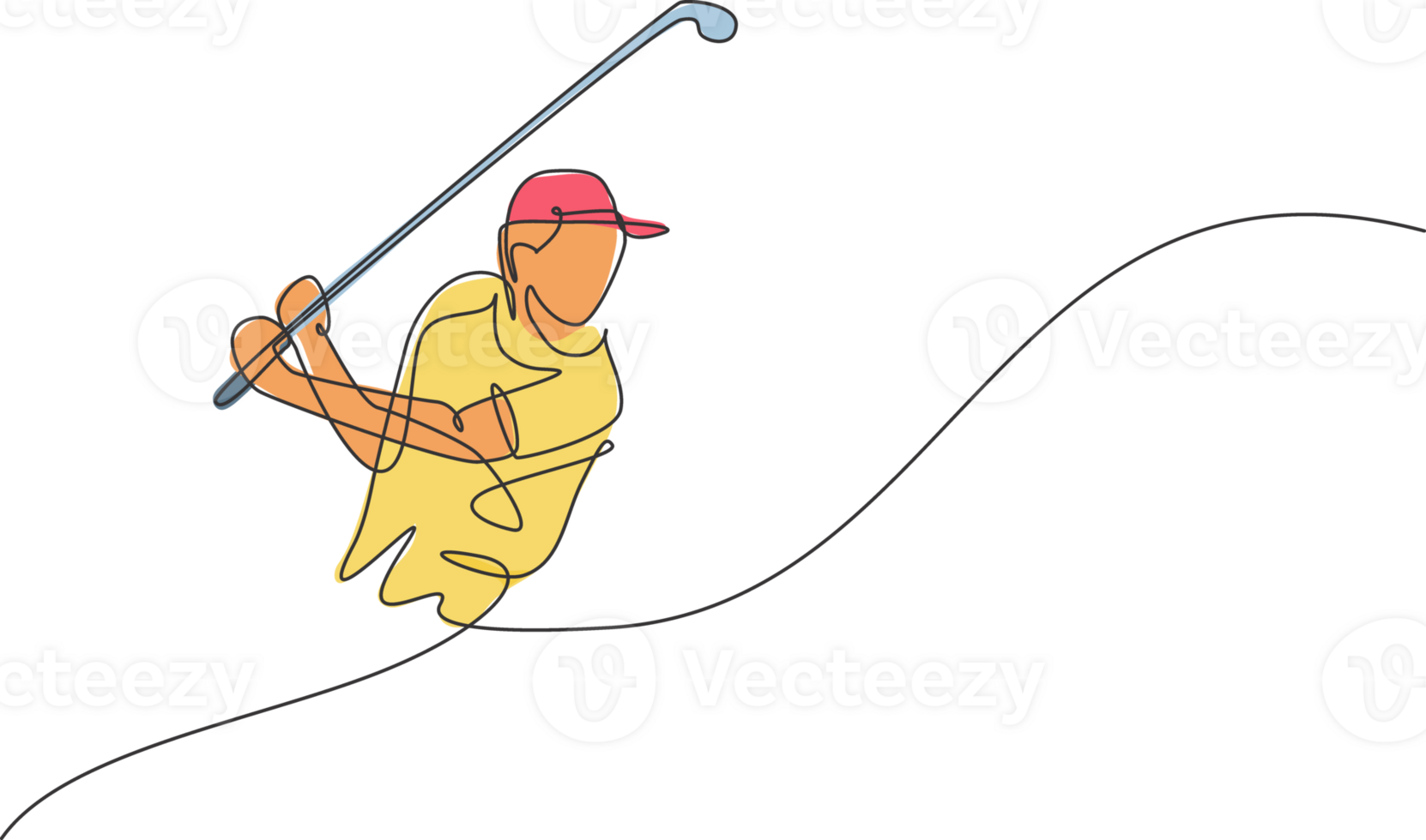 One continuous line drawing of young golf player swing golf club and hit the ball. Leisure sport concept. Dynamic single line draw design illustration graphic for tournament promotion media png