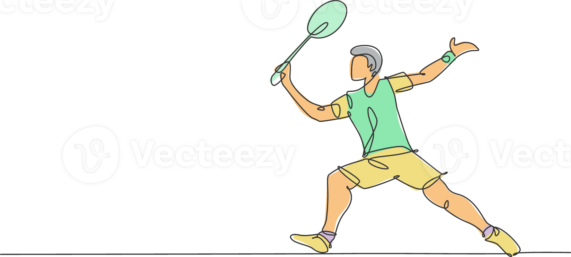 One single line drawing young energetic badminton player take a hit from opponent graphic illustration. Healthy sport concept. Modern continuous line draw design for badminton tournament poster png