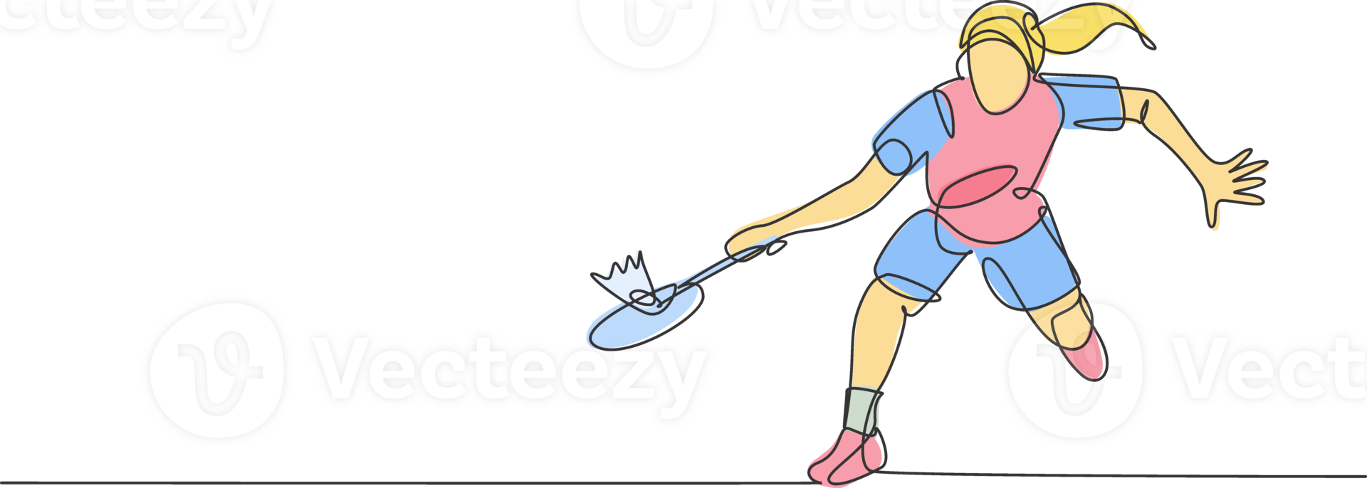 One continuous line drawing of young badminton player defense to hold opponent hit. Competitive sport concept. Dynamic single line draw design illustration for tournament match promotion poster png