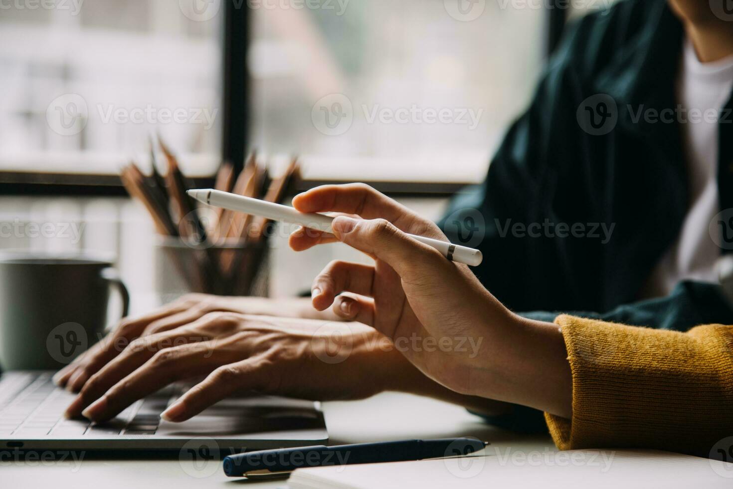 Financial Business team present. Business man hands hold documents with financial statistic stock photo, discussion, and analysis report data the charts and graphs. Finance Financial concept photo