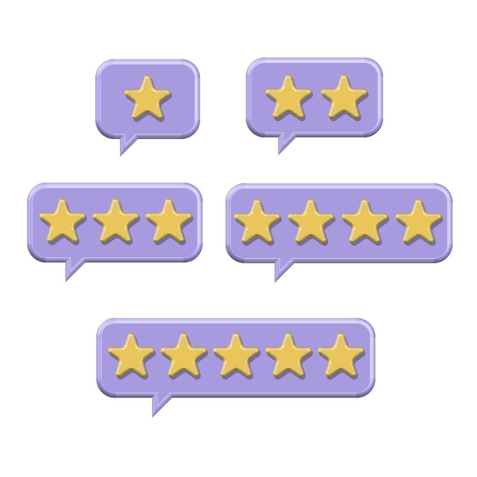 3D render Set of yellow stars on Purple Speech Bubbles. Online feedback, survey or review concept. Trendy and modern volume vector illustrations in three dimensional style. From one to five.