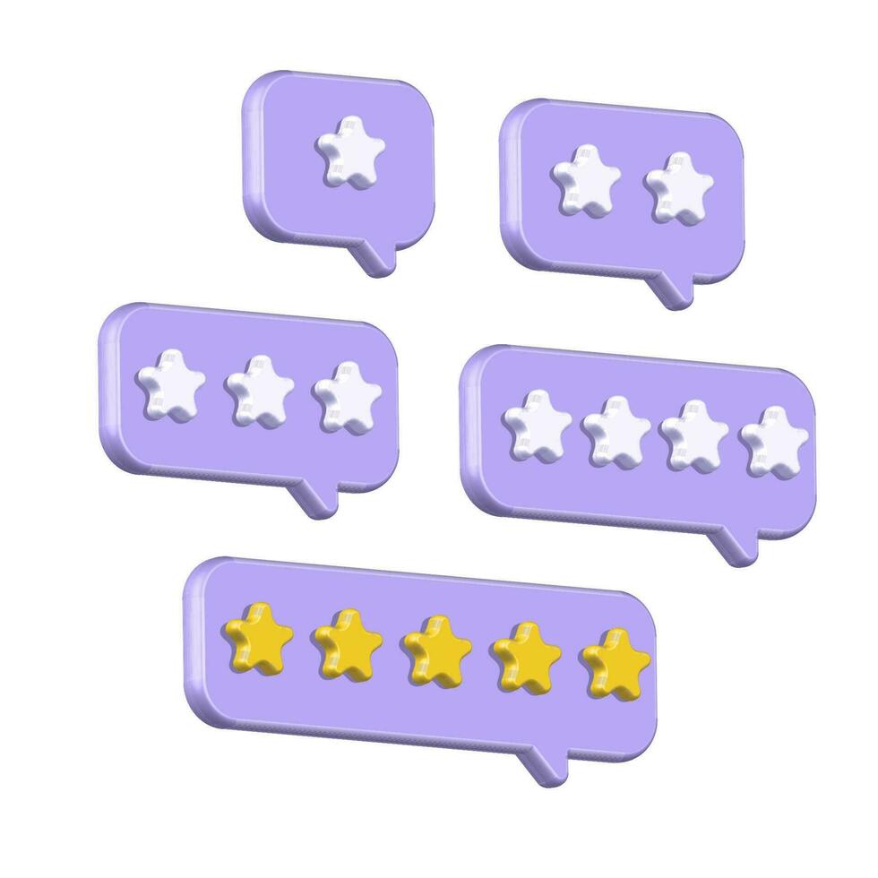 Set of 3d render style Speech bubbles with rating stars. Plastic icons of rank, feedback and opinion survey, service evaluation, comment of client satisfaction isolated on purple. Volume Illustration vector