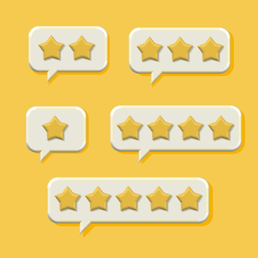 3D render Set of yellow stars on White Speech Bubbles. From one to five. Online feedback, survey or review concept. Trendy and modern vector in volume 3d style. eps10