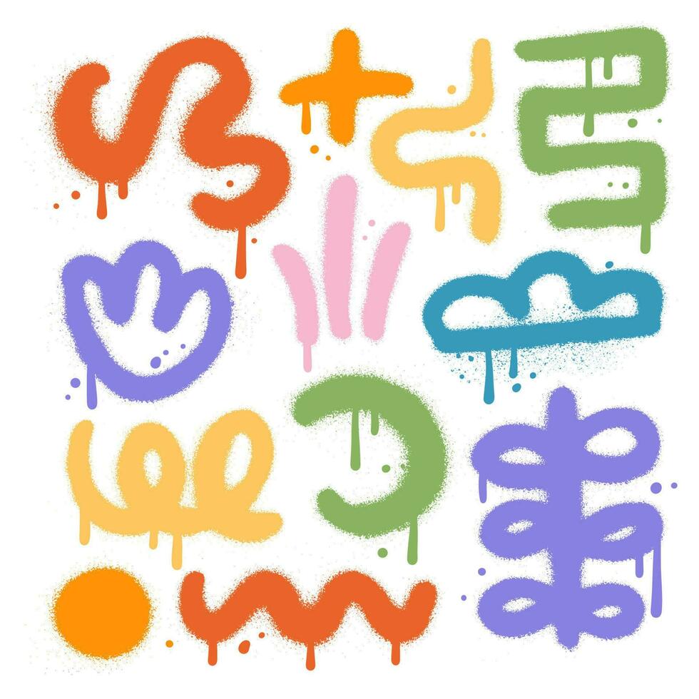 Set of many-coloured urban graffiti sprayed abstract elements. Collection of sloppy shapes with spray texture. Wavy elements on white background for banner, decoration, street art ,ads. Vector eps10