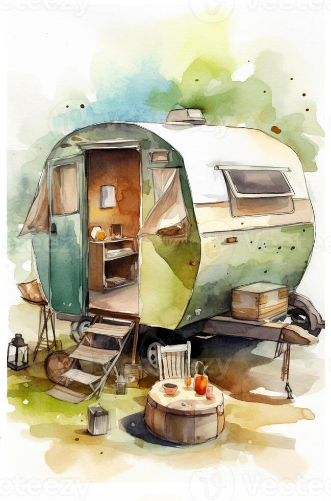 Camping in the mountains. Watercolor A family in nature landscape,Mountain ,adventure, Traveling Caravan Camping . photo