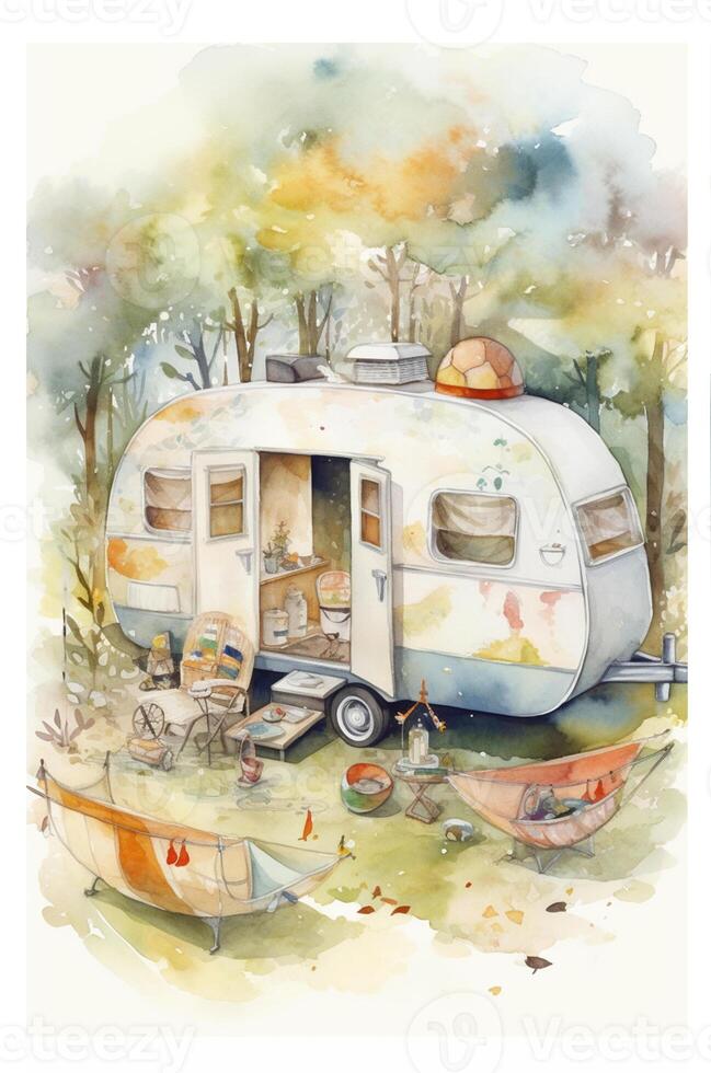 Camping in the mountains. Watercolor A family in nature landscape,Mountain ,adventure, Traveling Caravan Camping . photo