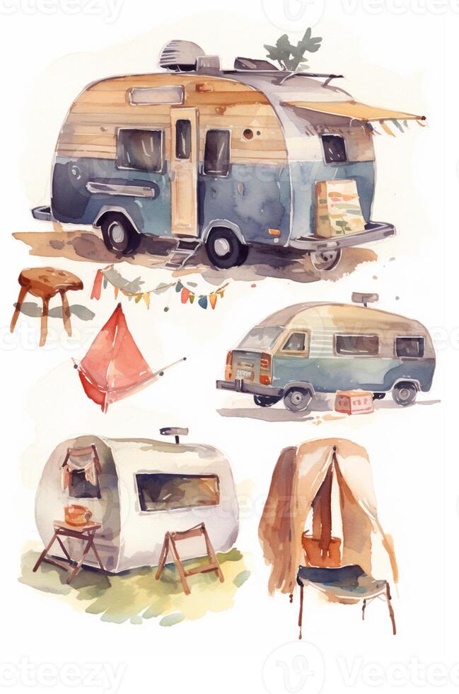 Camping in the mountains. Watercolor A family in nature landscape,Mountain ,adventure, Traveling Caravan Camping . photo