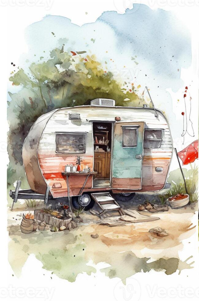 Camping in the mountains. Watercolor A family in nature landscape,Mountain ,adventure, Traveling Caravan Camping . photo