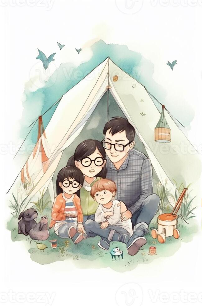 Camping in the mountains. Watercolor A family in nature landscape,Mountain ,adventure, Traveling Caravan Camping . photo