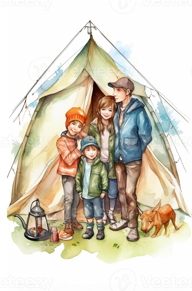 Camping in the mountains. Watercolor A family in nature landscape,Mountain ,adventure, Traveling Caravan Camping . photo