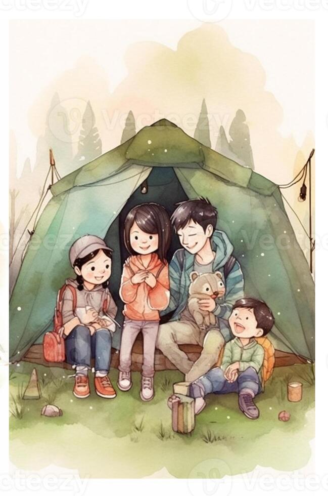 Camping in the mountains. Watercolor A family in nature landscape,Mountain ,adventure, Traveling Caravan Camping . photo