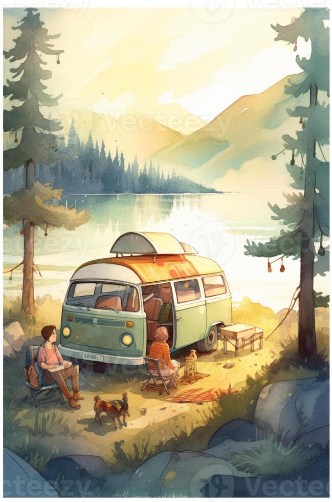 Camping in the mountains. Watercolor A family in nature landscape,Mountain ,adventure, Traveling Caravan Camping . photo