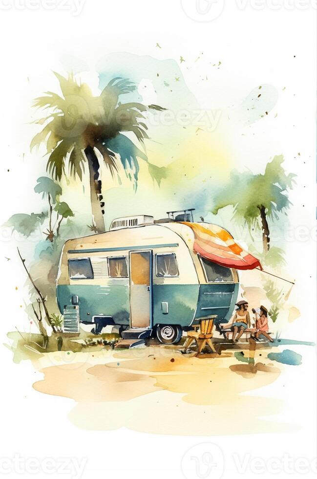 Camping in the mountains. Watercolor A family in nature landscape,Mountain ,adventure, Traveling Caravan Camping . photo