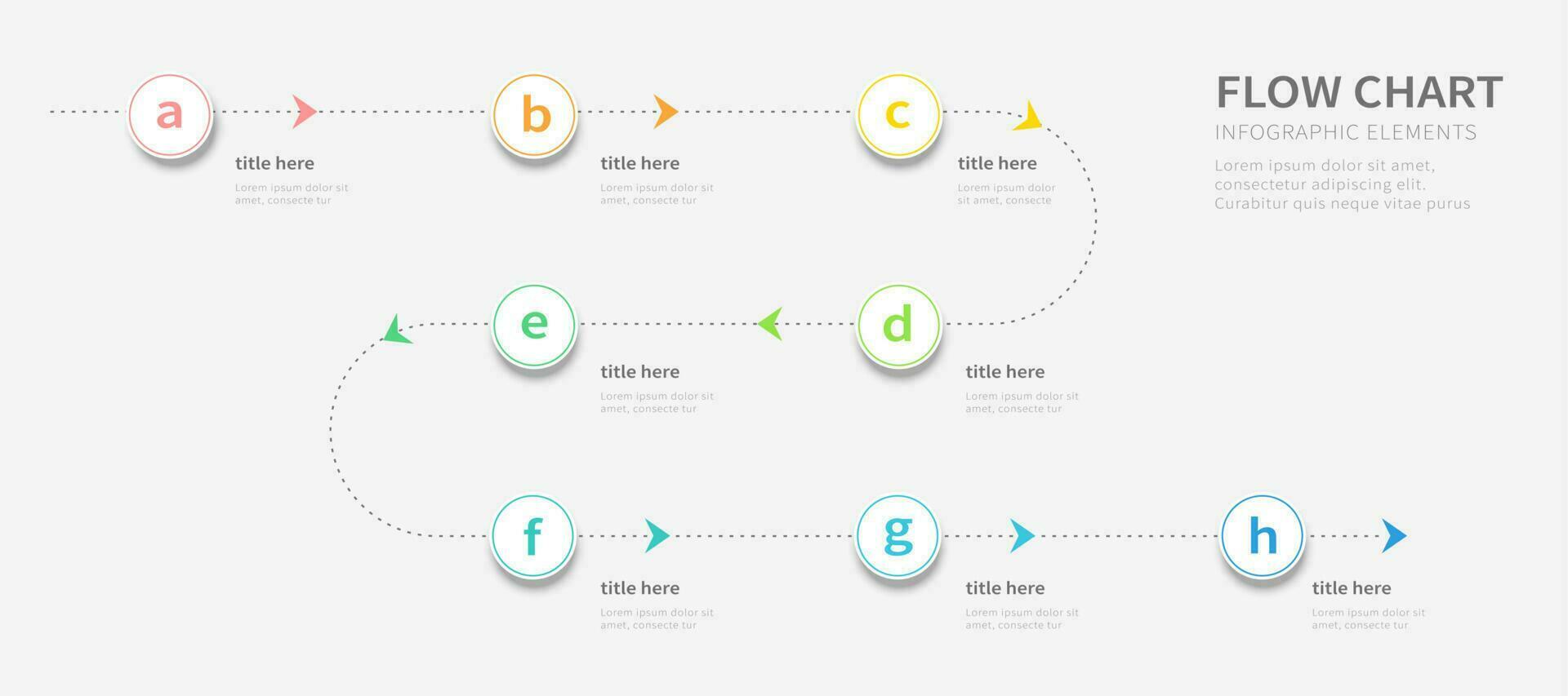 Dotted line process flow chart design infographic template with eight alphabetic options vector