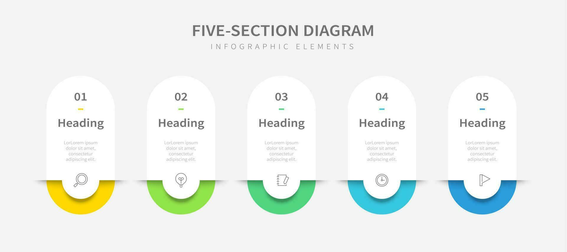 Multicolored horizontal template of five section diagram with heading banners vector