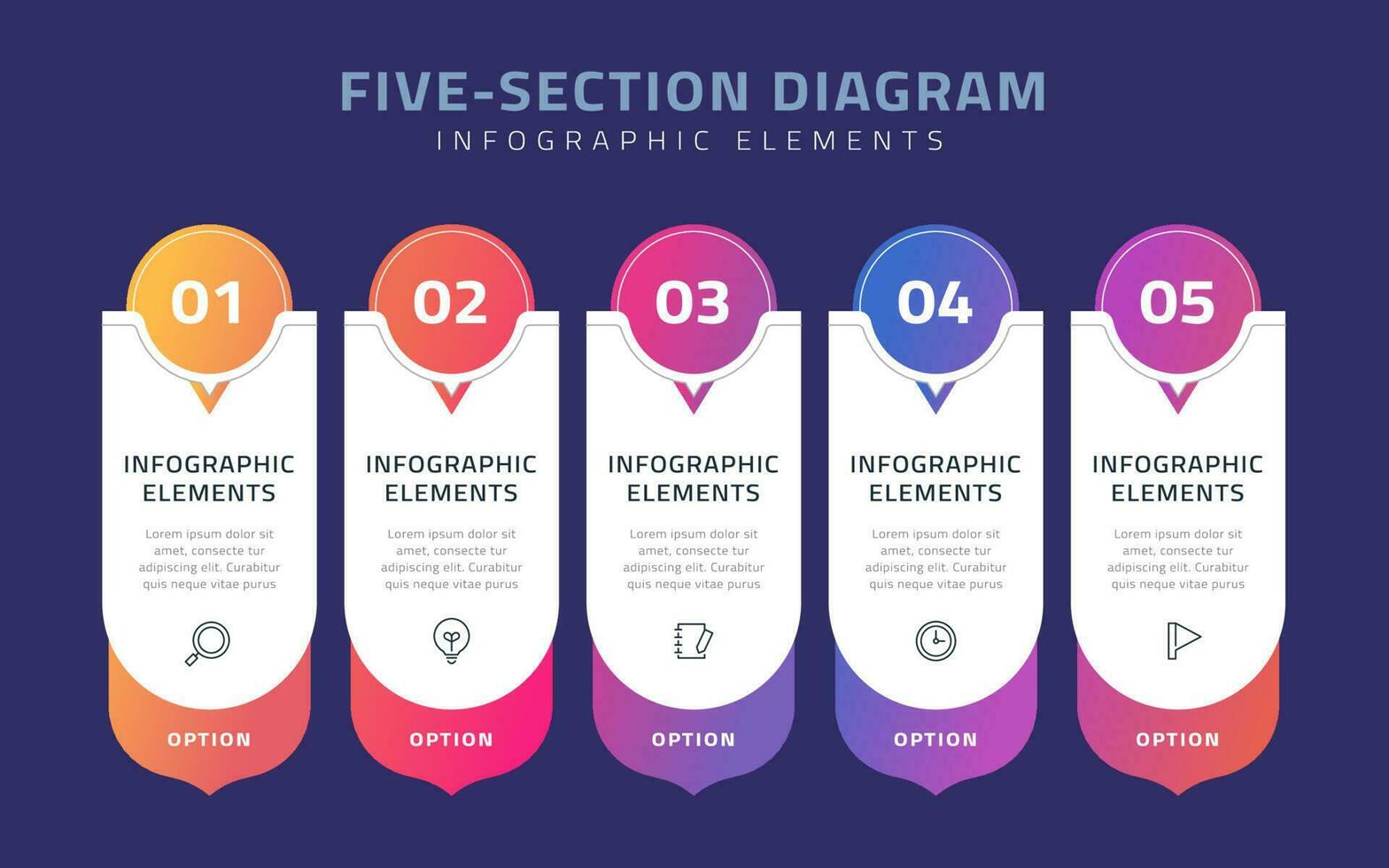 Five section diagram infographic elements with five banner options on blue background vector