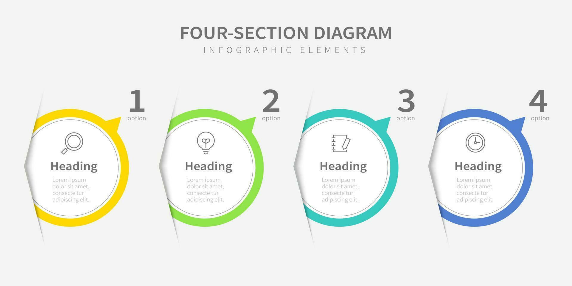 cuatro sección diagrama infografia elementos, circular infografia diseño modelo con cuatro opciones y íconos vector