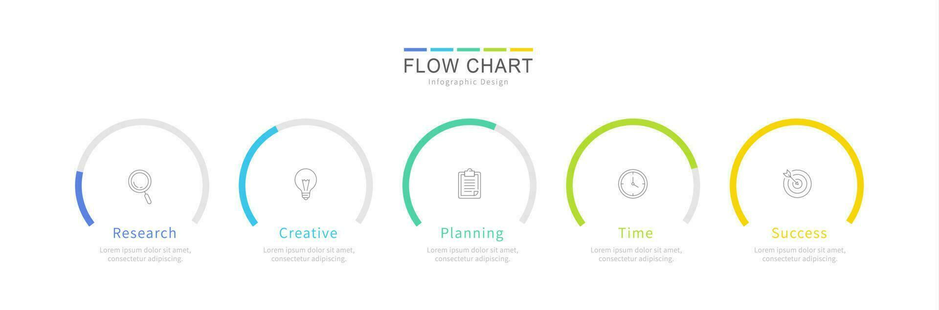 Flow chart infographic design with five circles containing icons vector