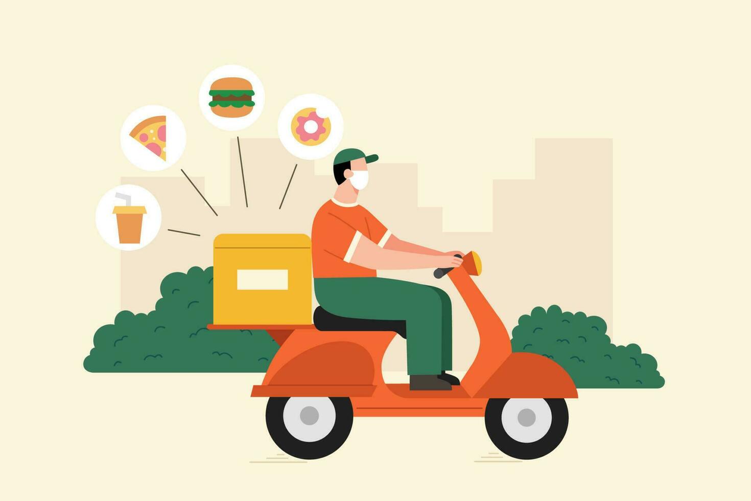 Express food delivery through bike, flat illustration. Courier with face mask riding a scooter with thermal box. vector