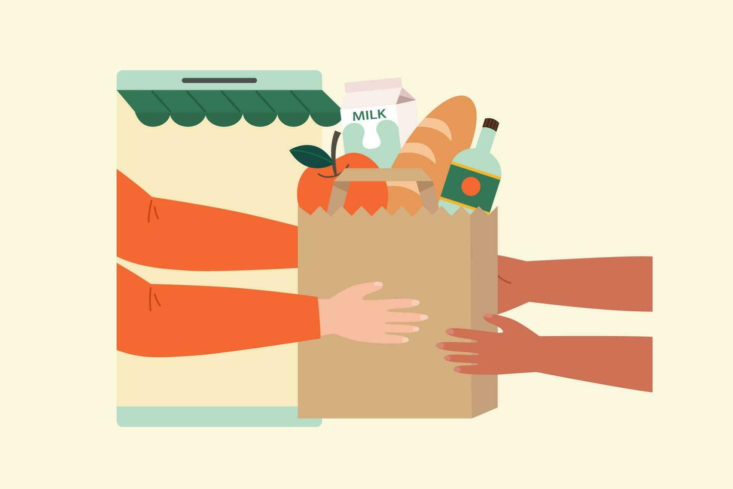 Flat illustration of home delivery for online food order. Courier from mobile phone handing a grocery bag to customer. vector