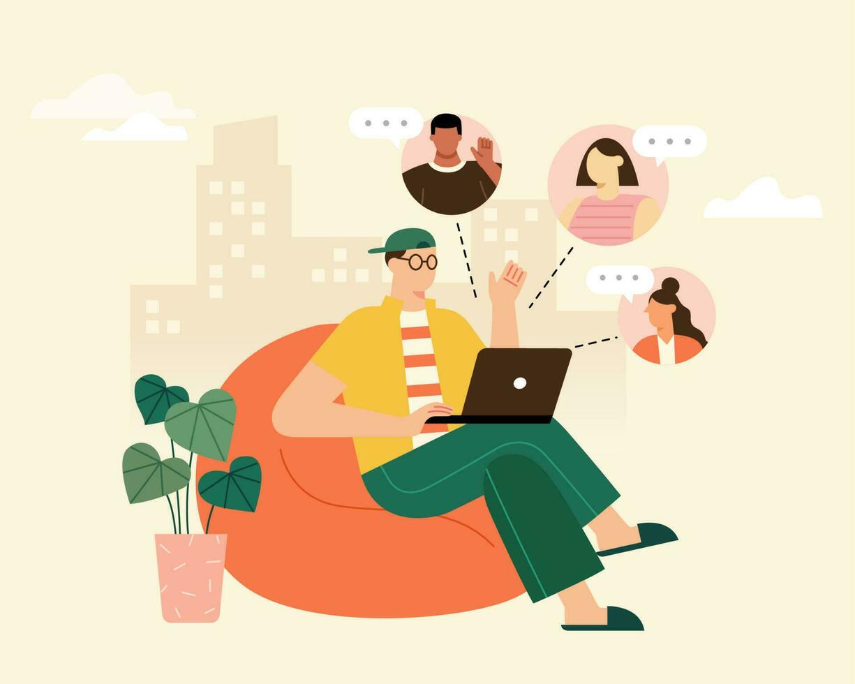Flat illustration of a man sitting on sofa at home video calling with friends on laptop. People having online video chat together. vector
