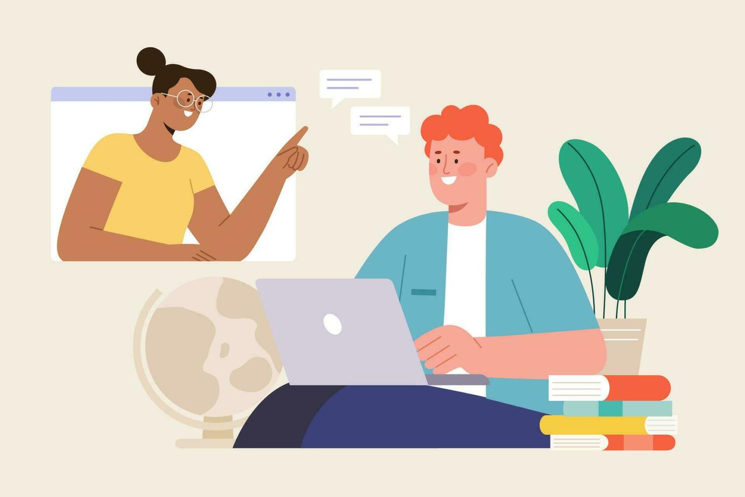 Flat illustration of student having an online class on his laptop at home. E-learning or adult advance studying concept. vector