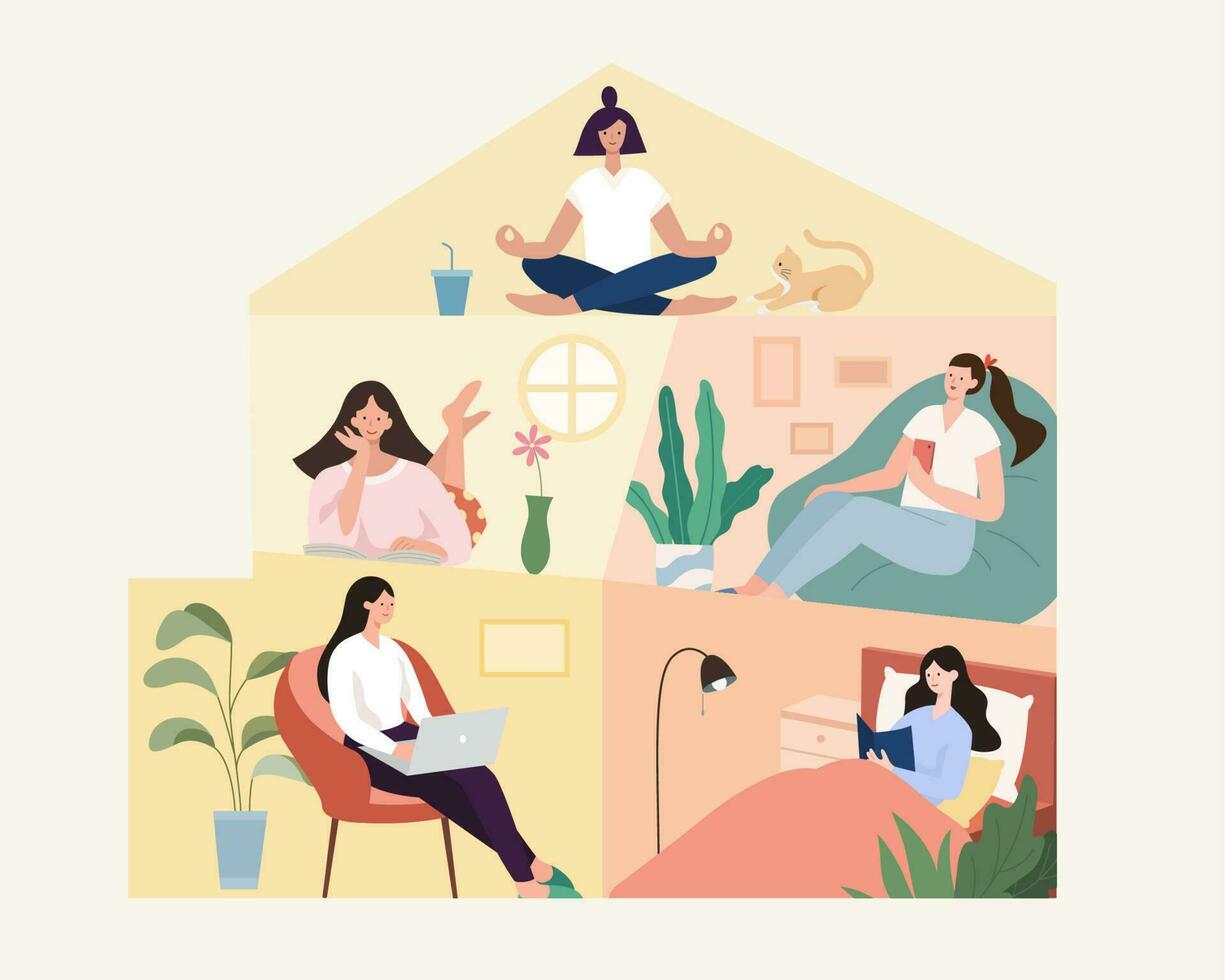 permanecer hogar actividad concepto. mujer disfrutando diferente ocupaciones a hogar, incluso ejercicio, lectura, y utilizando teléfono o ordenador portátil. plano ilustración. vector