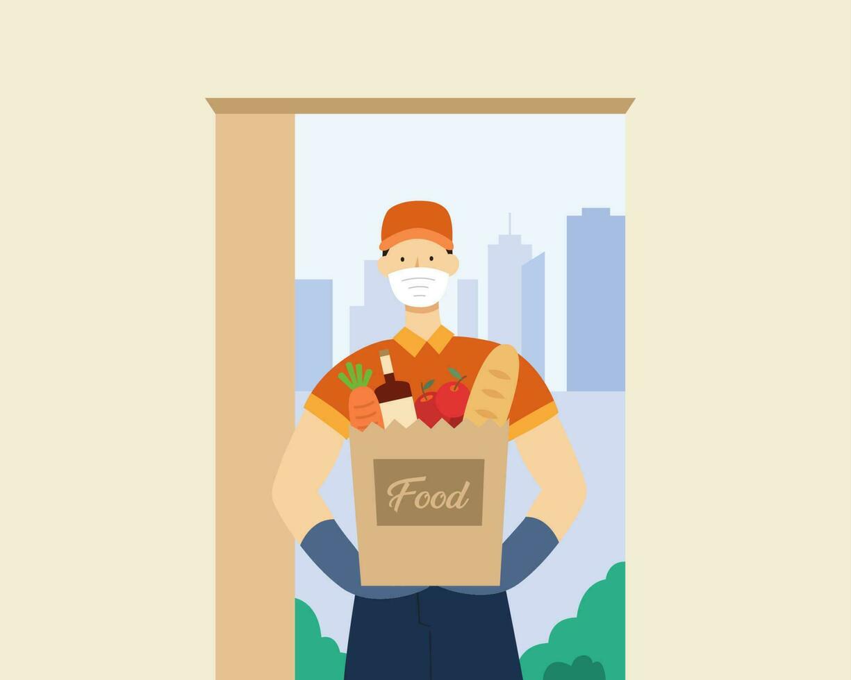 Flat illustration of home delivery service of grocery shopping during covid quarantine. Courier in face mask delivers a bag of groceries at front door. vector