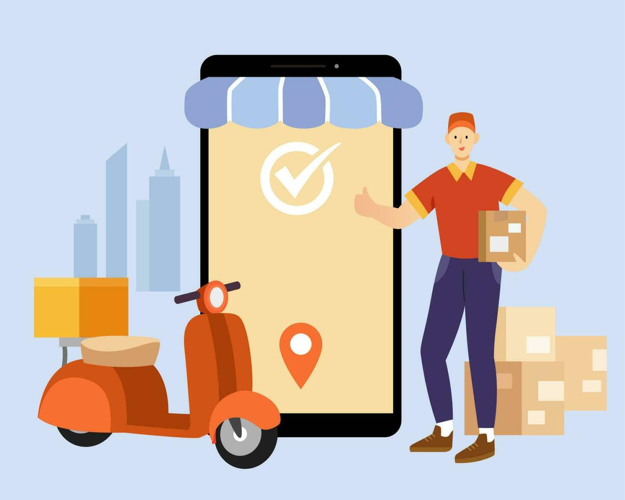 Concept of successful package delivery. Flat illustration of courier holding a parcel box with a check mark on the phone screen aside. vector