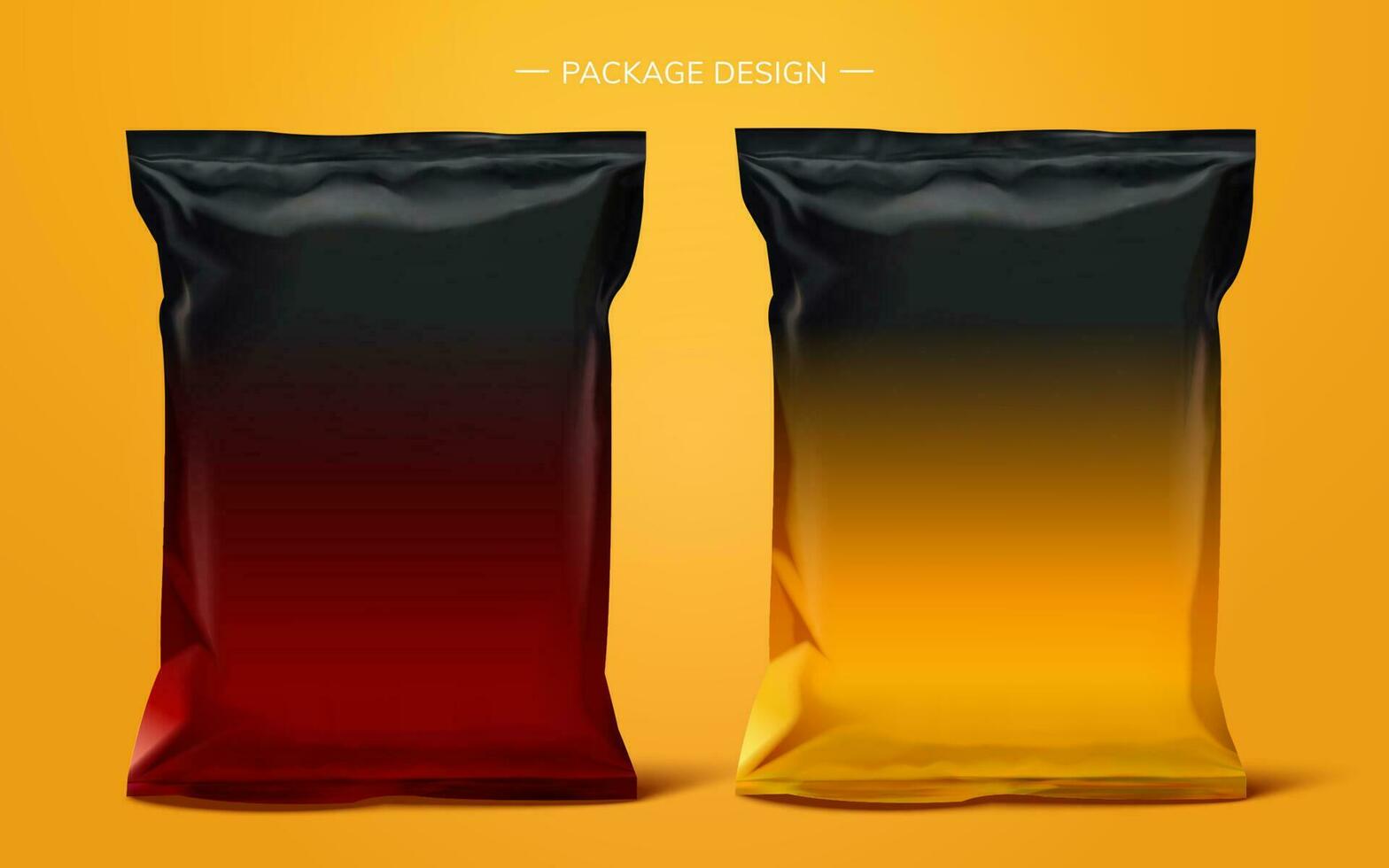 Snack foil bag package design on yellow background, 3d illustration vector