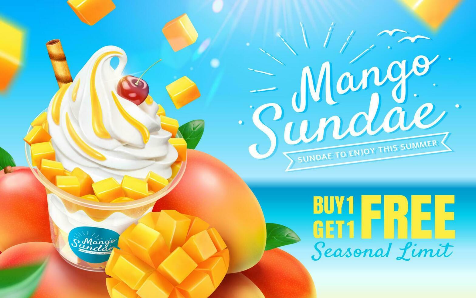 Delicious mango sundae ads with fresh fruit on bokeh beach background in 3d illustration vector