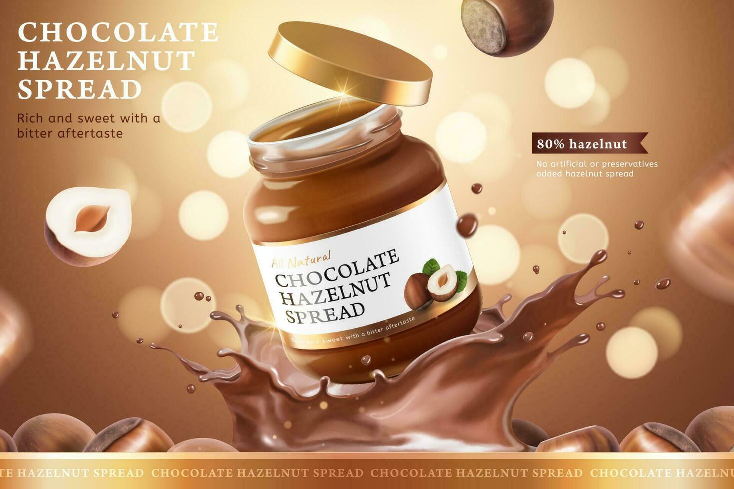chocolate avellana untado anuncios con salpicaduras líquido en bokeh Brillantina marrón antecedentes en 3d ilustración vector