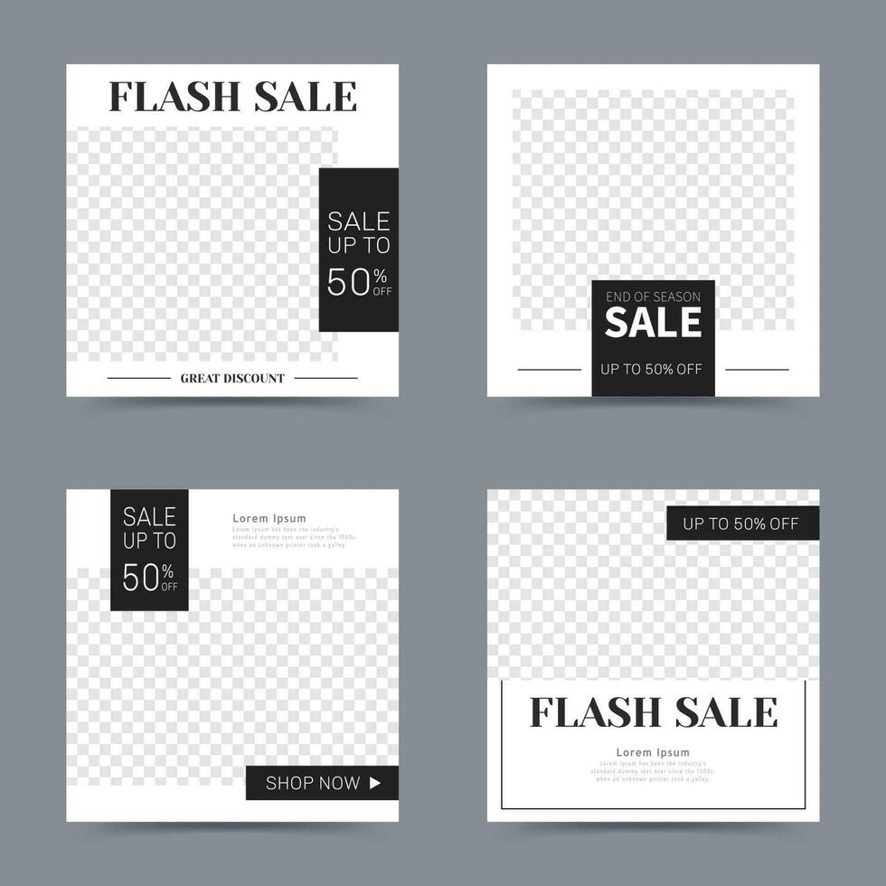 Four set editable minimal square banner template, simple black and white flash sale ads illustration template for social media promotion vector